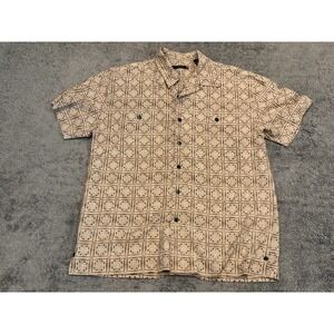 Visitor 100% Silk Shirt Mens Medium Brown Geometric Print Short Sleeve Button
